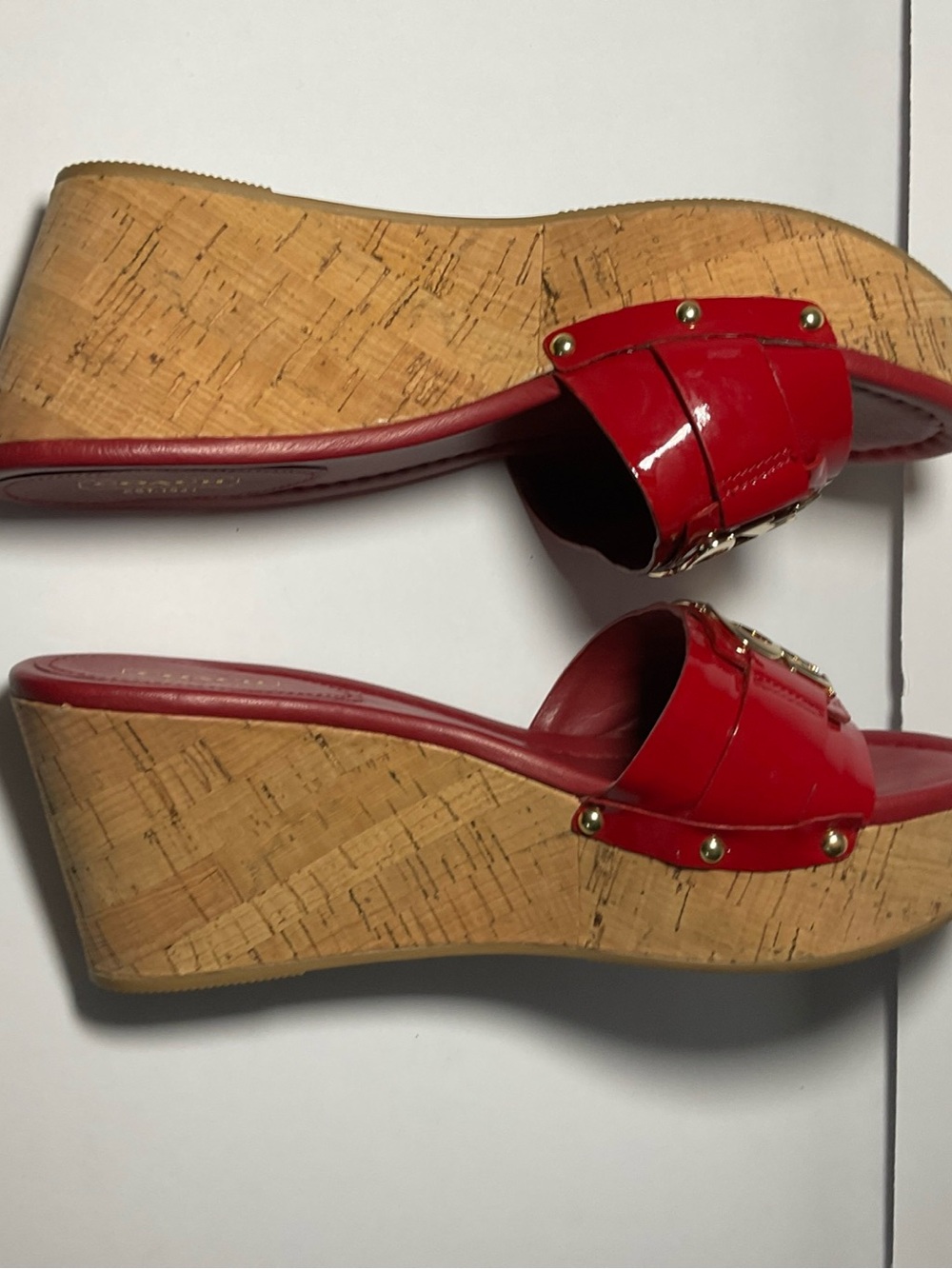 Coach Red Patent Slide Mules with Gold Logo Accent - Picture 5 of 8